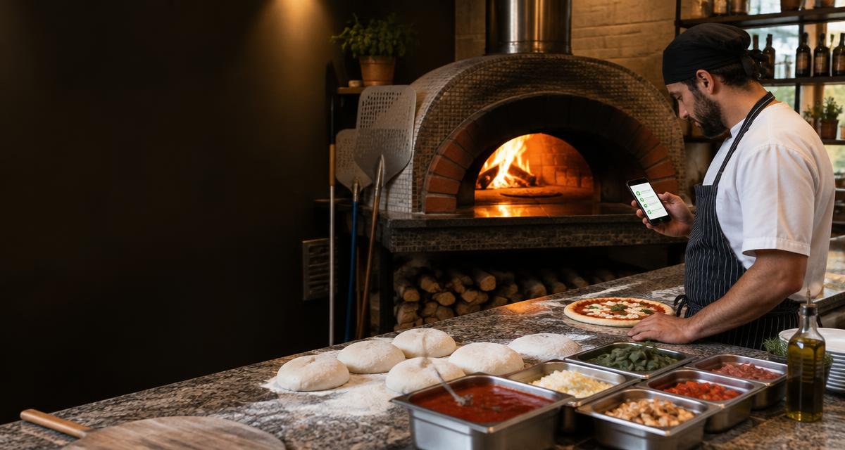 Pizzaiolo che consulta lo smartphone accanto a impasti, ingredienti e forno a legna