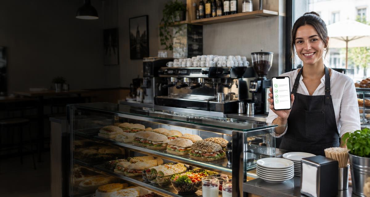 Barista al bancone di un bar italiano con smartphone e vetrina refrigerata