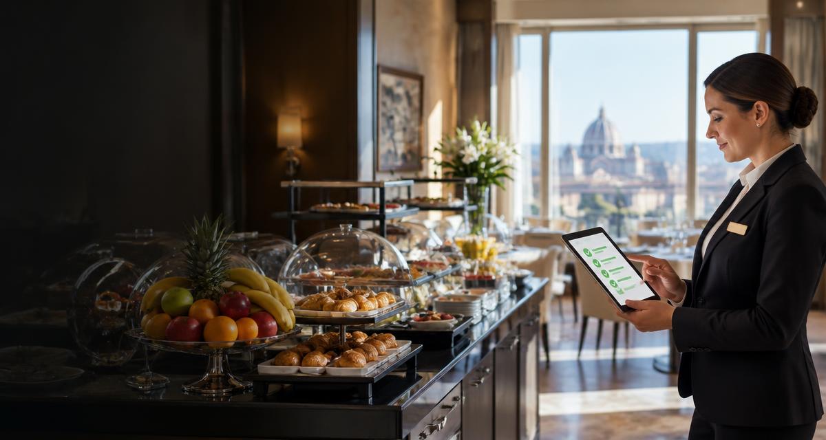 Food and Beverage manager con tablet davanti al buffet colazioni di un hotel